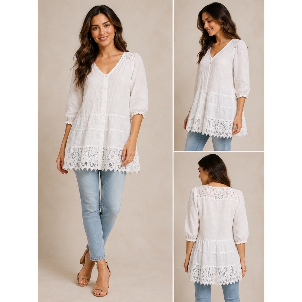 Soft Surroundings White Linen Lace Trim Tiered Tunic Top PM 36581 Womens Boho
